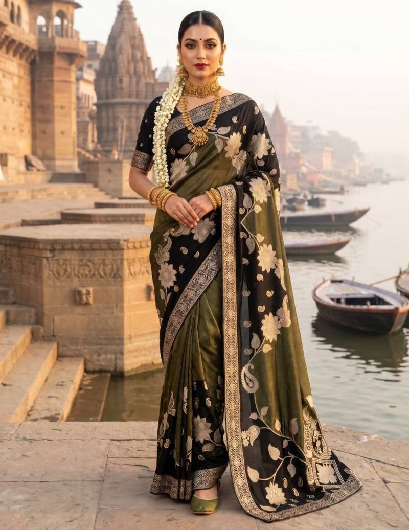 Black Color Floral Zari Weaving Work Tissue Saree