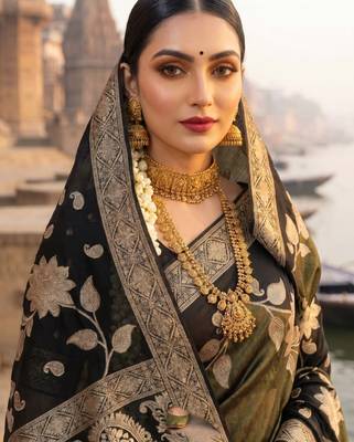 Black Color Floral Zari Weaving Work Tissue Saree 2