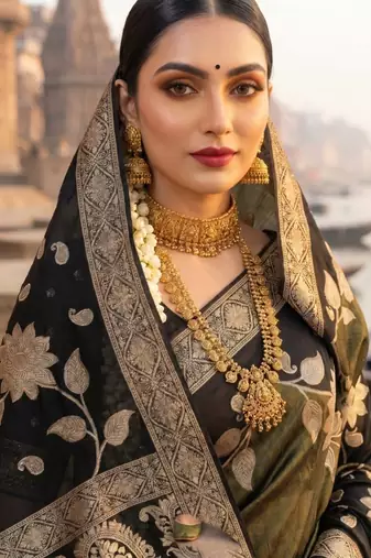 Black Color Floral Zari Weaving Work Tissue Saree