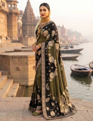 Black Color Floral Zari Weaving Work Tissue Saree 3