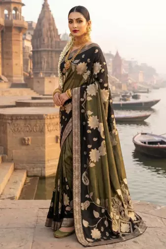 Black Color Floral Zari Weaving Work Tissue Saree