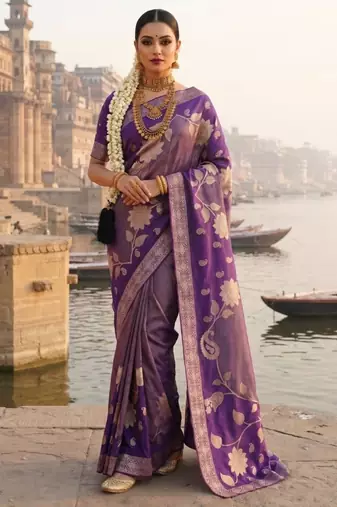 Purple Color Floral Zari Weaving Work Tissue Saree