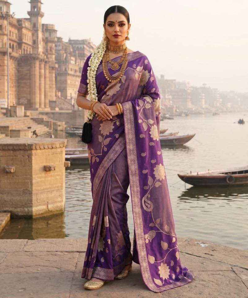 Purple Color Floral Zari Weaving Work Tissue Saree