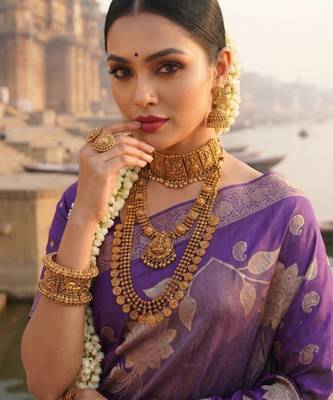 Purple Color Floral Zari Weaving Work Tissue Saree 2