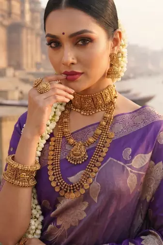 Purple Color Floral Zari Weaving Work Tissue Saree