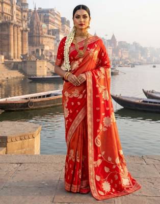 Red Color Floral Zari Weaving Work Tissue Saree 1