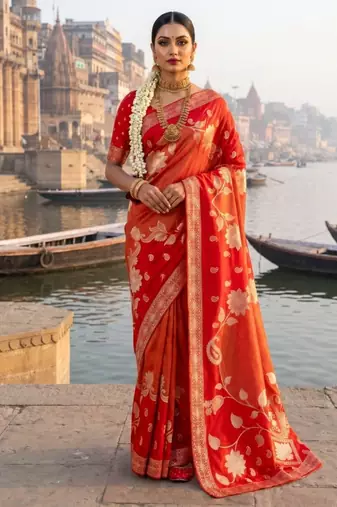Red Color Floral Zari Weaving Work Tissue Saree