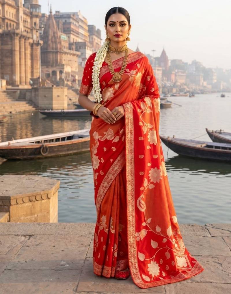 Red Color Floral Zari Weaving Work Tissue Saree