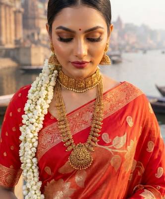 Red Color Floral Zari Weaving Work Tissue Saree 2