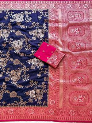 Neavy Blue Color Zari Weaving Work Silk Blend Saree 1