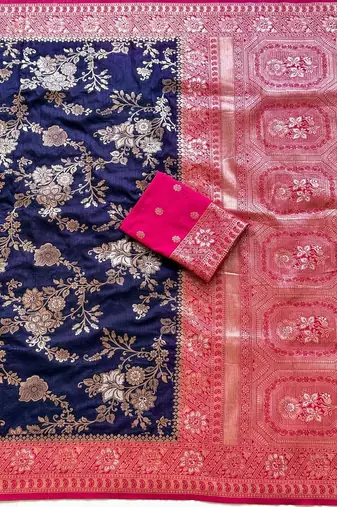 Neavy Blue Color Zari Weaving Work Silk Blend Saree