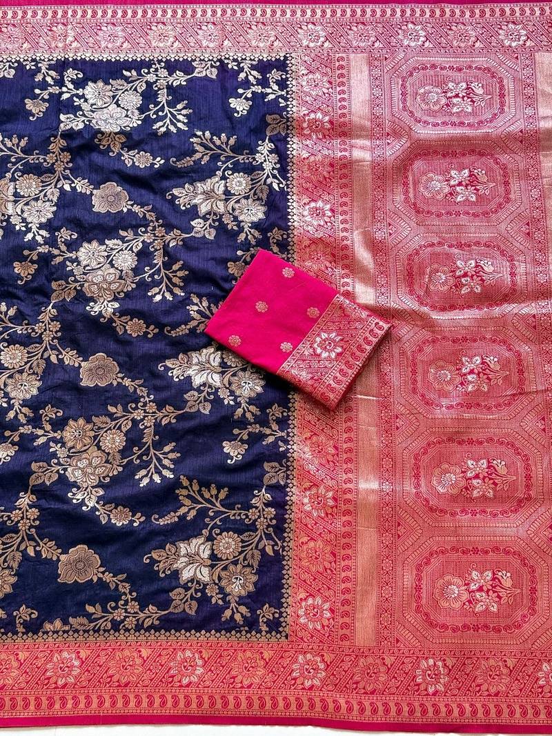 Neavy Blue Color Zari Weaving Work Silk Blend Saree