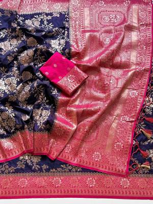 Neavy Blue Color Zari Weaving Work Silk Blend Saree 2