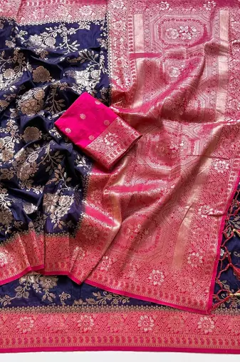Neavy Blue Color Zari Weaving Work Silk Blend Saree