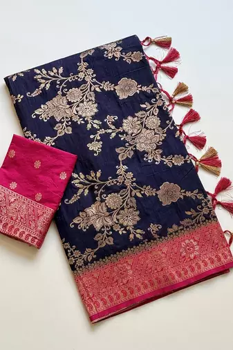 Neavy Blue Color Zari Weaving Work Silk Blend Saree