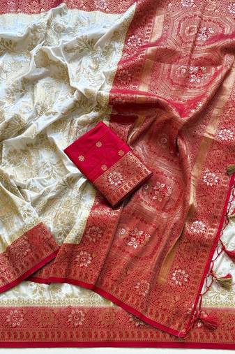 Off White Color Zari Weaving Work Silk Blend Saree