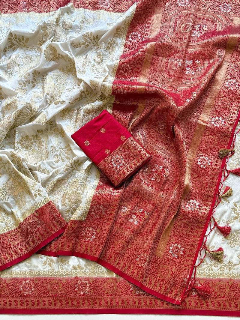 Off White Color Zari Weaving Work Silk Blend Saree
