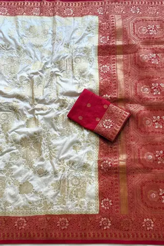 Off White Color Zari Weaving Work Silk Blend Saree