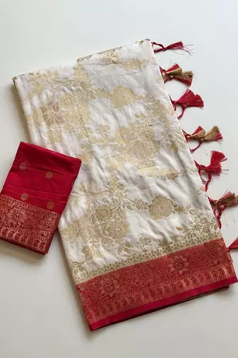 Off White Color Zari Weaving Work Silk Blend Saree
