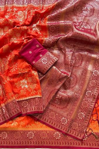 Orange Color Zari Weaving Work Silk Blend Saree