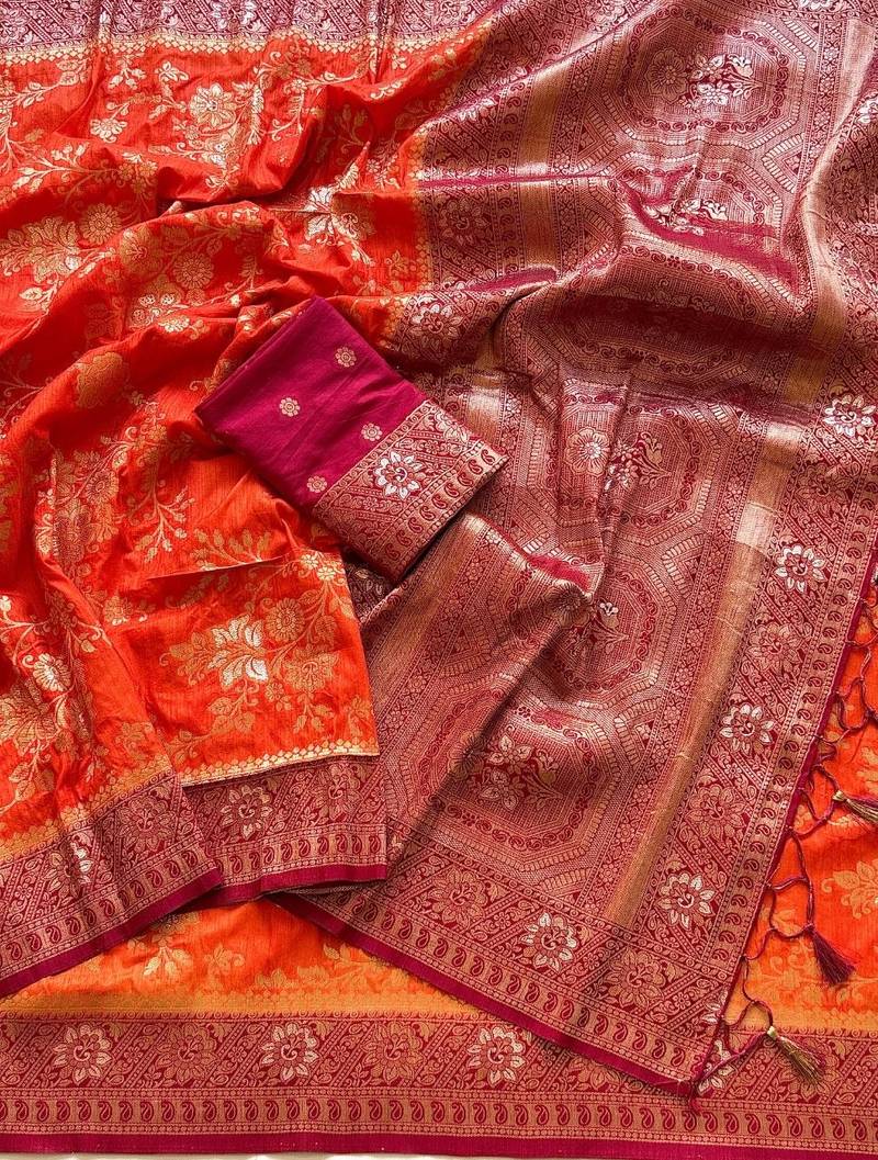Orange Color Zari Weaving Work Silk Blend Saree