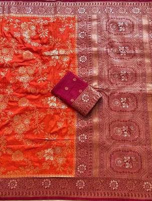 Orange Color Zari Weaving Work Silk Blend Saree 2