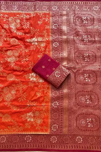 Orange Color Zari Weaving Work Silk Blend Saree