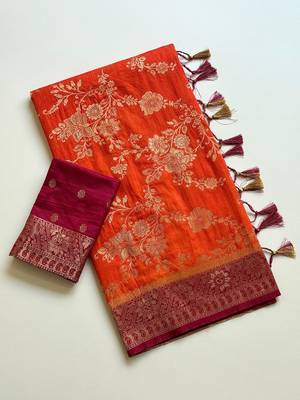 Orange Color Zari Weaving Work Silk Blend Saree 3