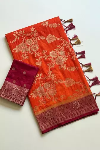 Orange Color Zari Weaving Work Silk Blend Saree