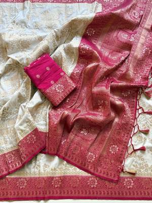 White Color Zari Weaving Work Silk Blend Saree 1