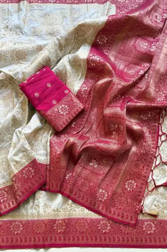 White Color Zari Weaving Work Silk Blend Saree