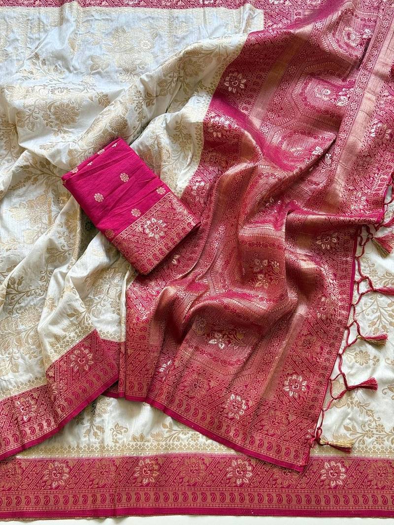 White Color Zari Weaving Work Silk Blend Saree