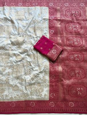 White Color Zari Weaving Work Silk Blend Saree 2