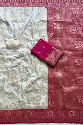 White Color Zari Weaving Work Silk Blend Saree