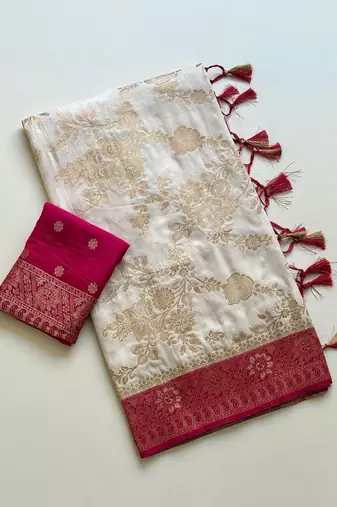 White Color Zari Weaving Work Silk Blend Saree