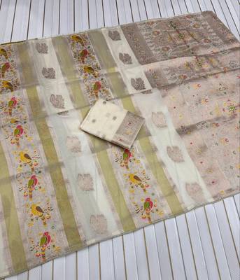 White Color Jaqurad Weaving Work Georgette Saree 2