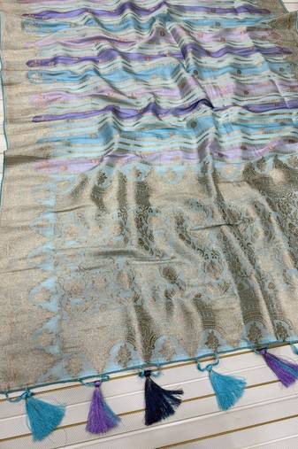 Sky Blue Color Jaqurad Weaving Work Georgette Saree