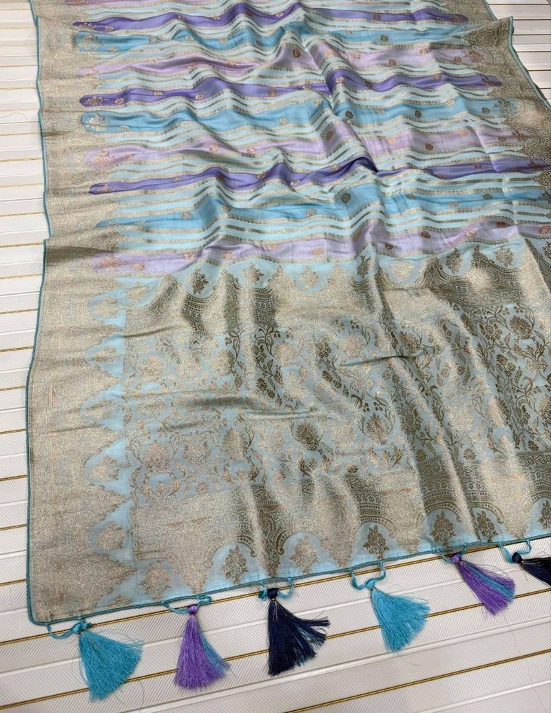 Sky Blue Color Jaqurad Weaving Work Georgette Saree
