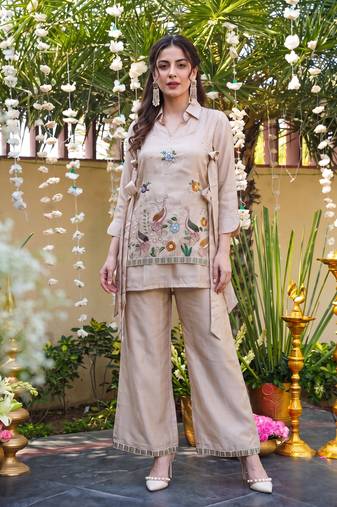  Embroidery Work Viscose Fabric Straight Kurta Palazzo and Jacket Set