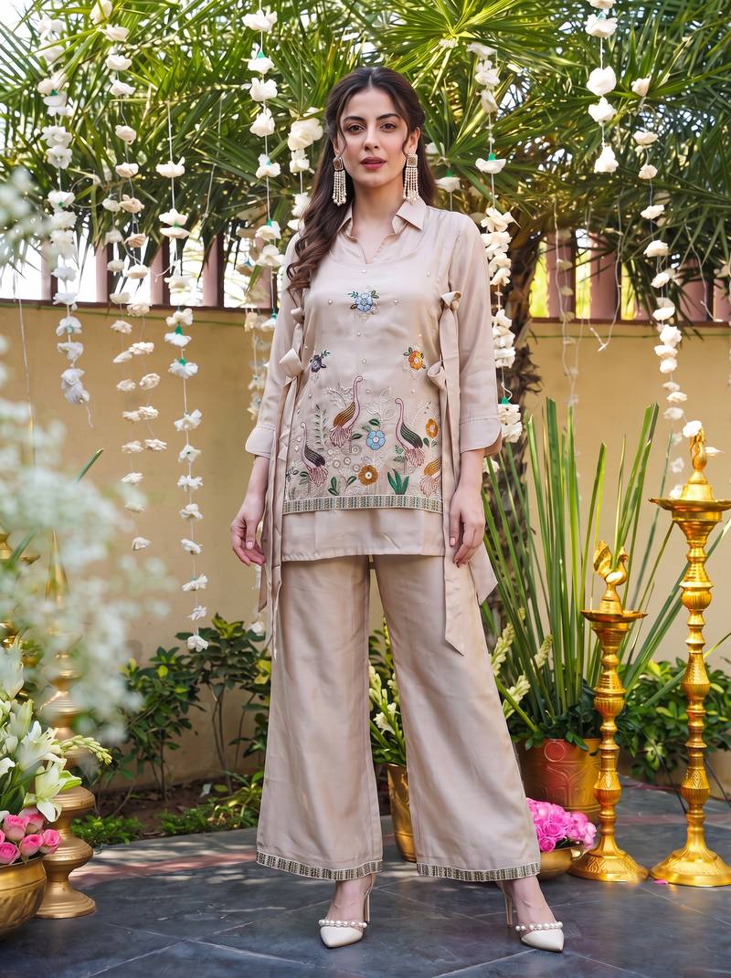  Embroidery Work Viscose Fabric Straight Kurta Palazzo and Jacket Set
