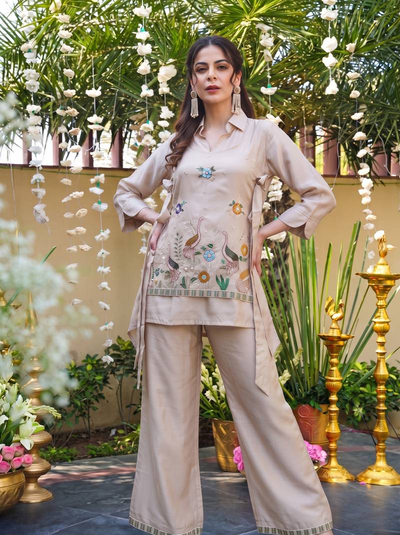  Embroidery Work Viscose Fabric Straight Kurta Palazzo and Jacket Set