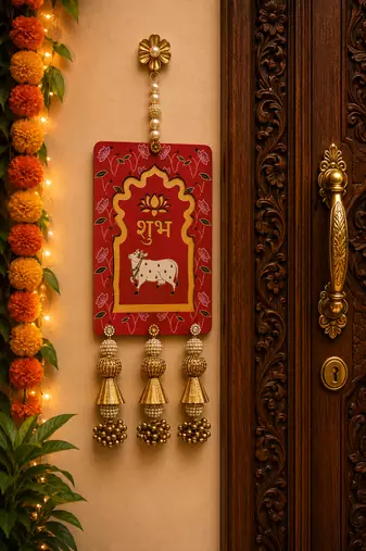 handmade mdf cow shubh labh door hangingdecor hanging diwali decor hanging (pack of 2)