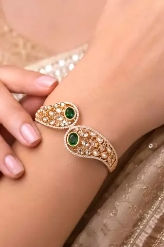 Emerald Green Kundan Cuff Bracelet, Gold Polki Style Bridal Bangle, Adjustable CZ Kada