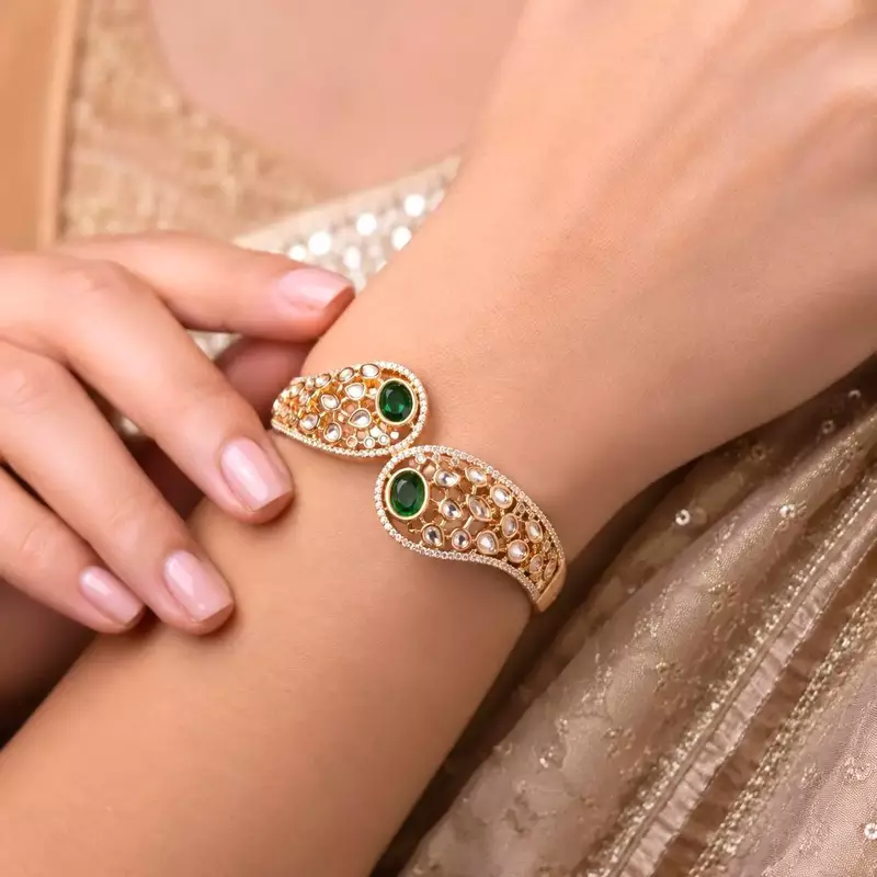 Emerald Green Kundan Cuff Bracelet, Gold Polki Style Bridal Bangle, Adjustable CZ Kada
