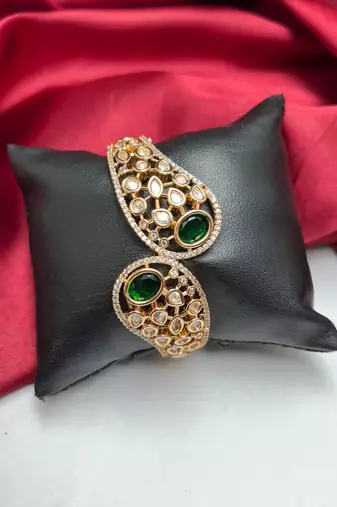 Emerald Green Kundan Cuff Bracelet, Gold Polki Style Bridal Bangle, Adjustable CZ Kada