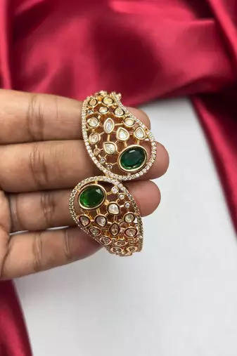 Emerald Green Kundan Cuff Bracelet, Gold Polki Style Bridal Bangle, Adjustable CZ Kada