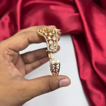 Emerald Green Kundan Cuff Bracelet, Gold Polki Style Bridal Bangle, Adjustable CZ Kada 4