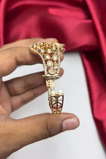 Emerald Green Kundan Cuff Bracelet, Gold Polki Style Bridal Bangle, Adjustable CZ Kada