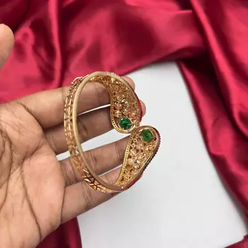 Emerald Green Kundan Cuff Bracelet, Gold Polki Style Bridal Bangle, Adjustable CZ Kada 5