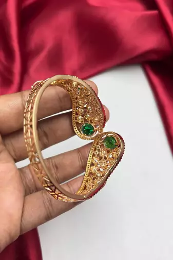 Emerald Green Kundan Cuff Bracelet, Gold Polki Style Bridal Bangle, Adjustable CZ Kada